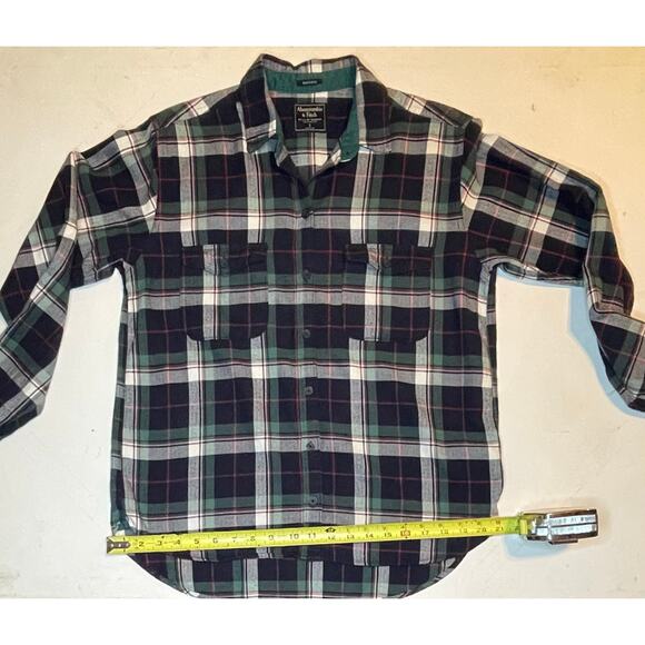 Abercrombie & Fitch Womens Boyfriend Flannel Shirt Sz S Navy Green Plaid Cotton - Picture 6 of 10